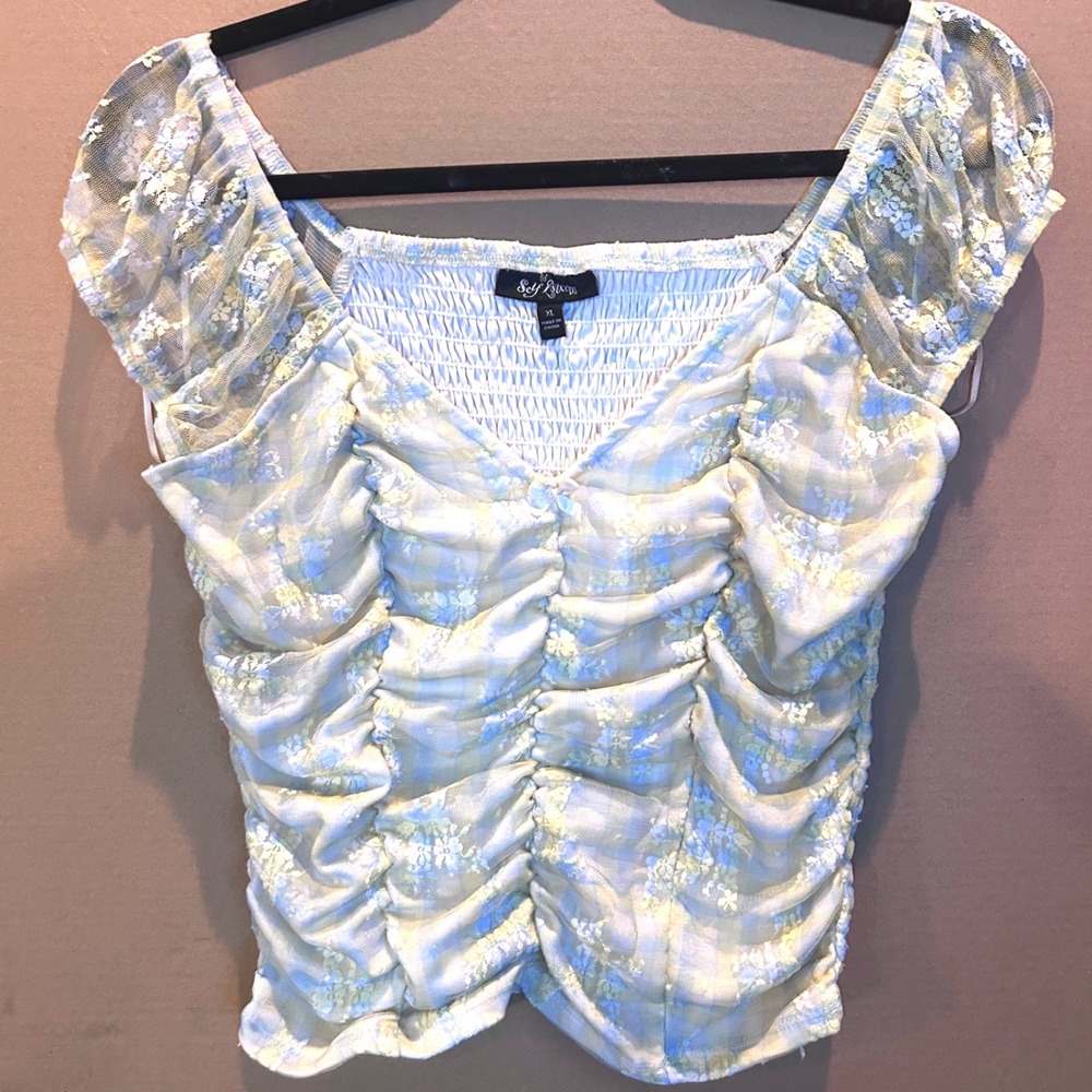 Trendy Y2K Yellow Blue Floral Mesh Smocked Top XL Whimsygoth whimsical
